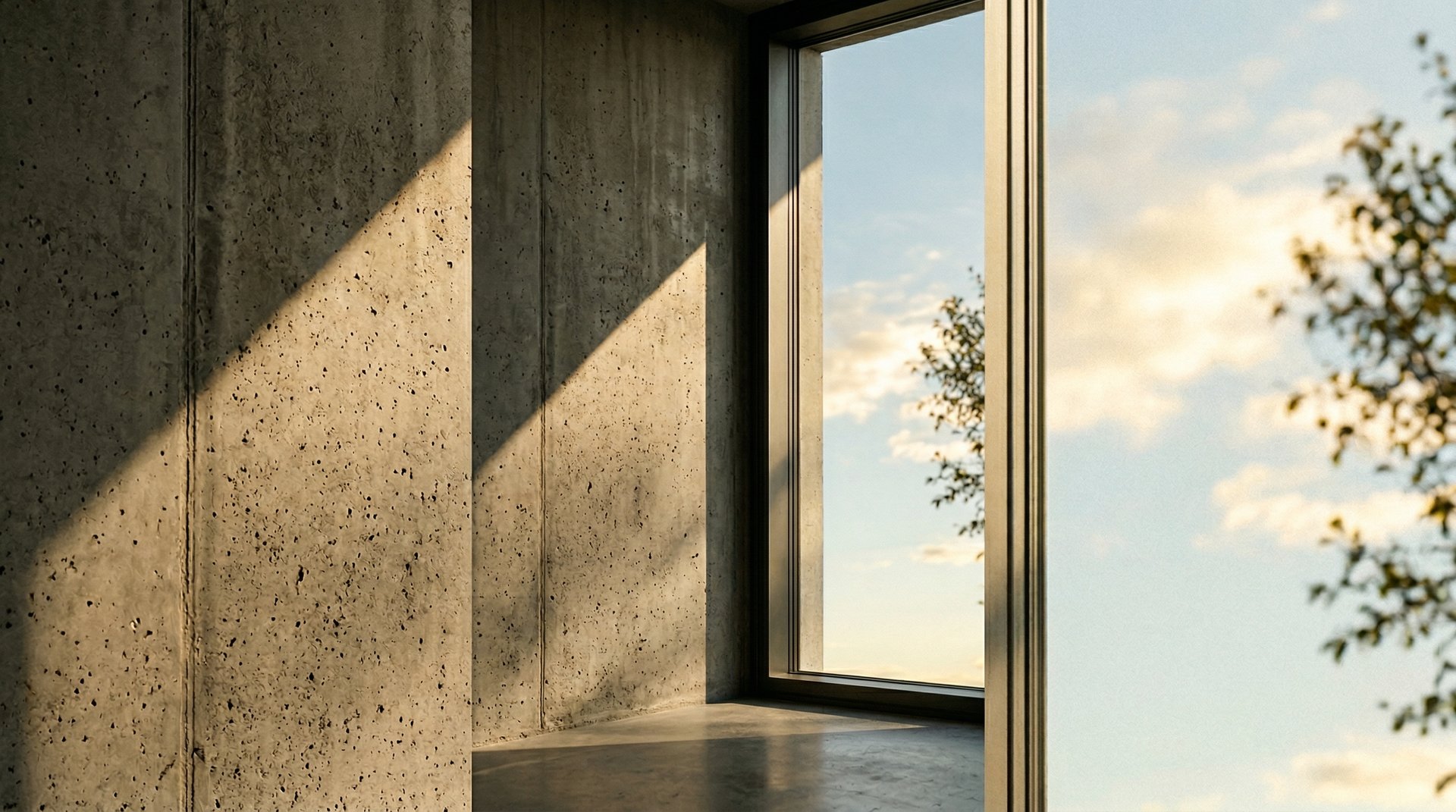 Warm afternoon light casting geometric shadows across polished concrete wall with window opening to pale sky